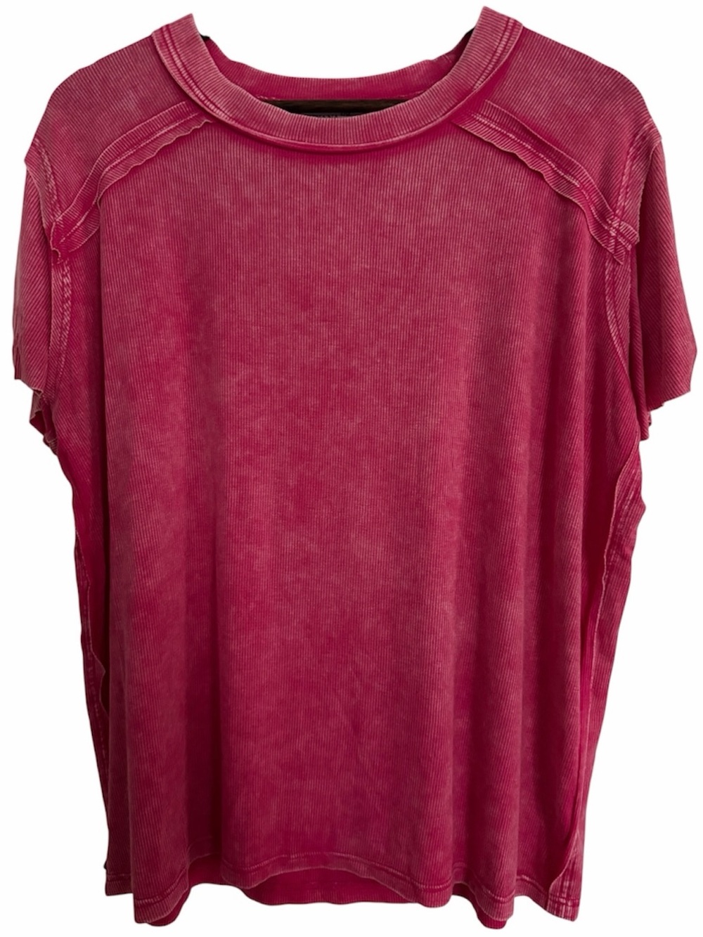 Zenana Washed Ribbed Lightweight Boat Neck Hot Pink Short Sleeve Tee